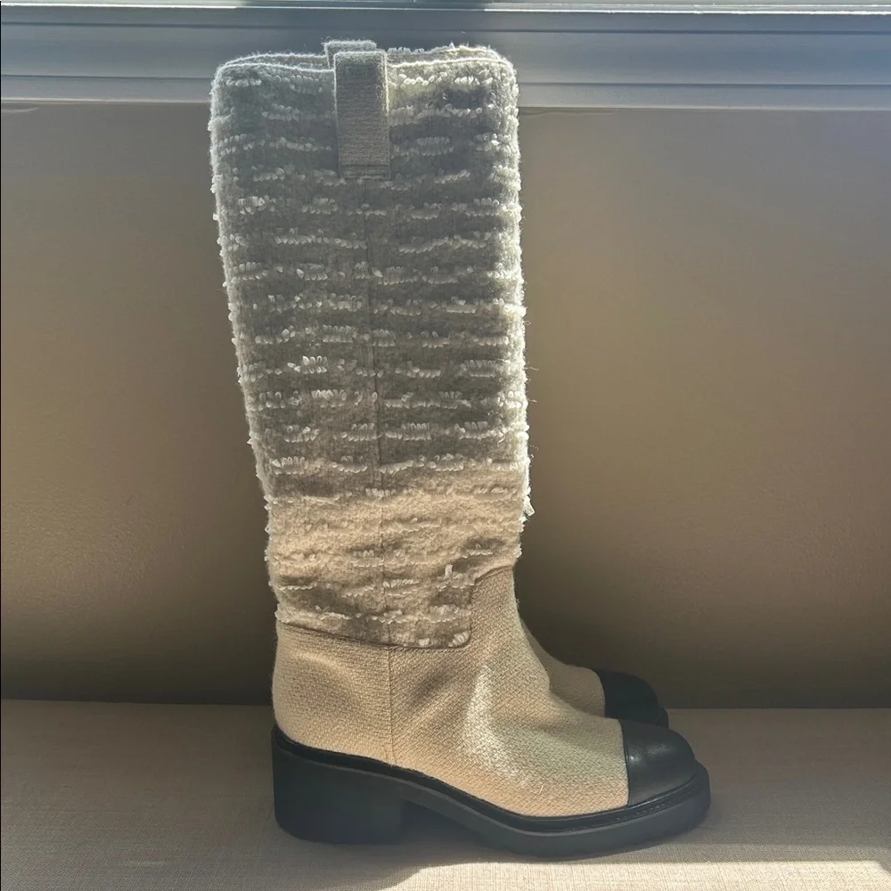CHANEL Cream and Black Tweed Knee Boots